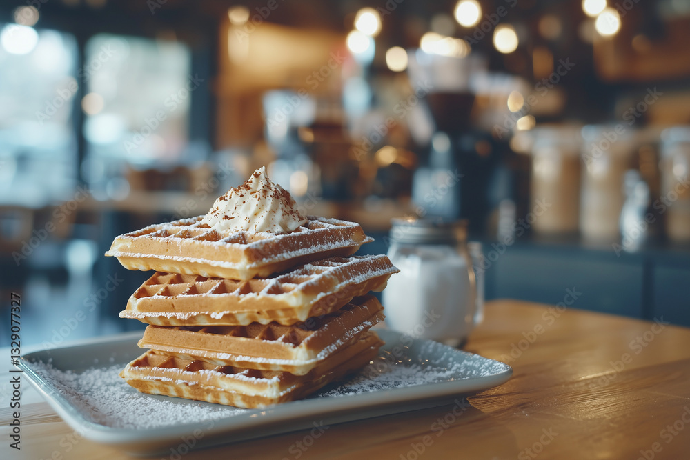 Poster stack of waffles topped with whipped cream and powdered sugar sits on plate in cozy cafe setting, wi