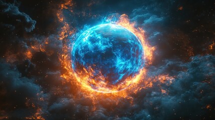 Obraz premium Fiery, icy planet engulfed in flames and frost, cosmic nebula backdrop.