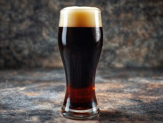 Dark beer in a glass on a countertop.
