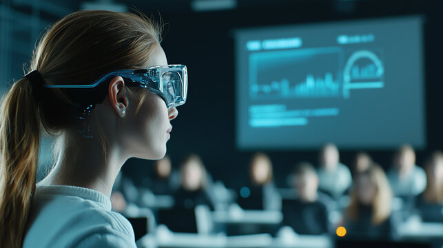 woman wearing augmented reality glasses observes digital presentation in modern classroom, focusing on futuristic technology