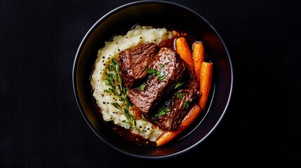 Brisket food concept. Slow braised brisket in red wine with buttery mashed potatoes and roasted carrots