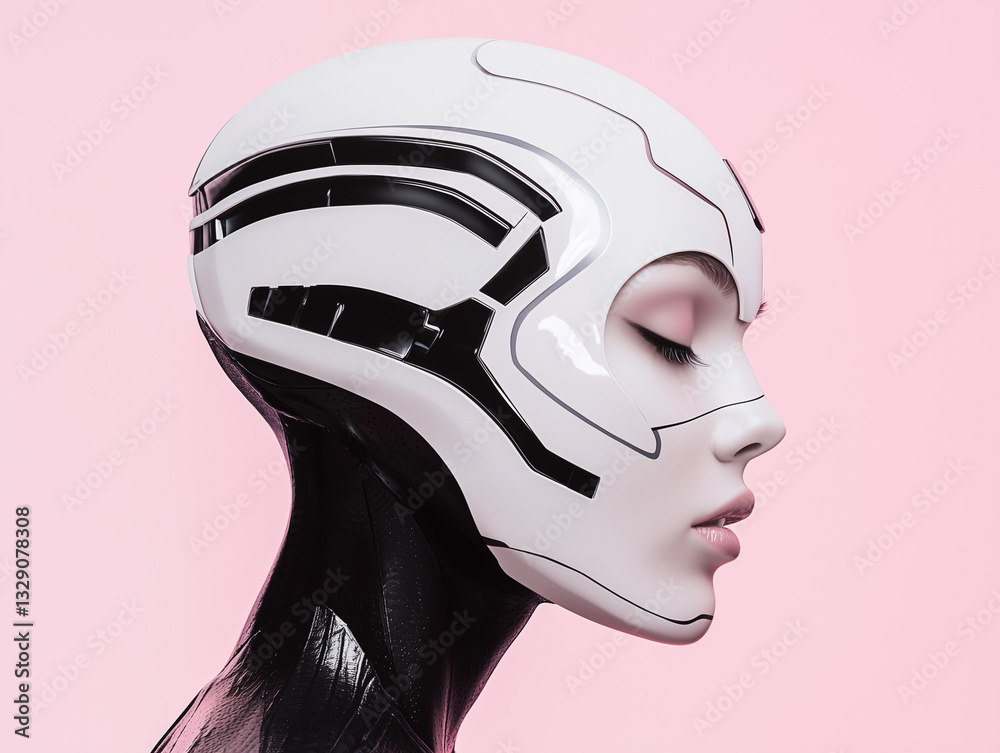 Poster sleek female cyborg model with futuristic design and serene expression against soft pink background