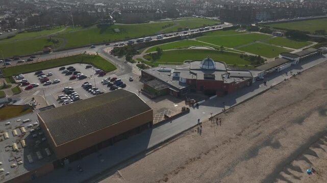 Marine Hall Fleetwood aerial view with presentation flight path to front of building. Lancashire, UK.