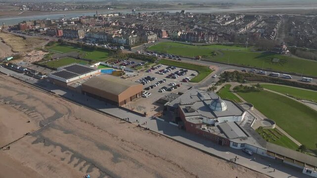 High above the coast with Marine Hall and Fitness centres below and with view over Fleetwood to the River Wyre. Lancashire, UK