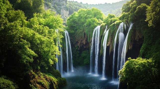 A tranquil scene featuring a series of waterfalls cascading into a vibrant blue lagoon, surrounded by lush trees and foliage.