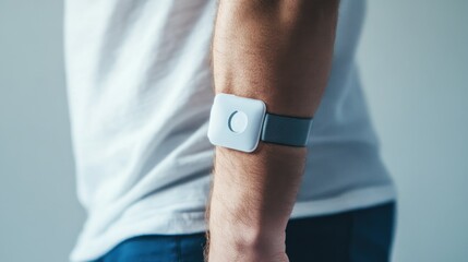 A smart health monitoring patch, patient wearing a health monitoring patch tracking vital signs, Health-tech style