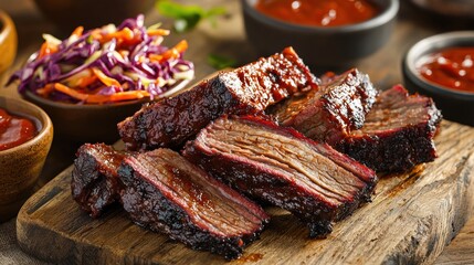 Fototapeta premium Brisket food concept. Tender smoked brisket arranged neatly on a wooden board