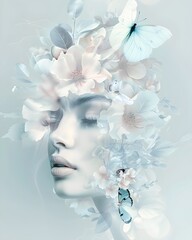Naklejka premium Exquisite Female Portrait Merged with Nature, Flower, and Butterfly Harmony