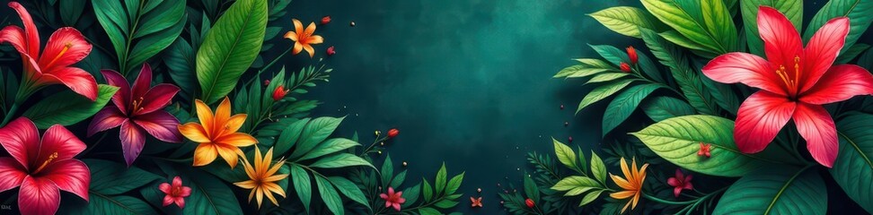 Obraz premium Dense tropical bush, abundant floral detail, rich color , design, illustration, spring