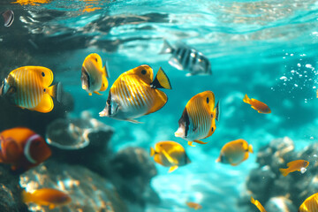 Fototapeta premium A vibrant underwater scene featuring various tropical fish, highlighting the mesmerizing colors of marine life.