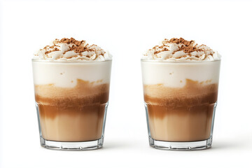 A freshly brewed cappuccino served in a cup, placed on a clean white background. The rich coffee crema and delicate milk foam create a visually appealing contrast, perfect for coffee-related branding.