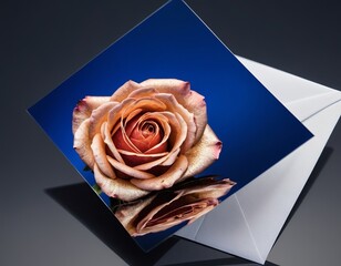 An elegant rose greeting card with a delicate bloom, set against a vivid blue background.