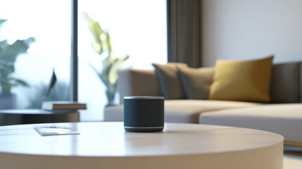 Fototapeta premium A smart home assistant, smart living room with voice assistant managing home devices, Home-tech style