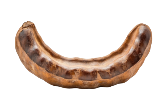 A Ripe, Dark Brown Carob Pod, Curved Like A Smile, Against A Stark Isolated on Transparent Background Showcasing Its Rich Texture And Natural Beauty
