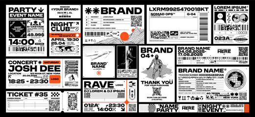 Brutalism label design pack. Futuristic assets for streetwear, event tickets, club flyers, and apparel branding. Retro and cyber aesthetics graphic elements. Vector set
