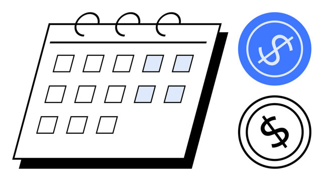 Calendar with selected dates and two dollar icons emphasizing financial planning needs. Ideal for budgeting, savings, bill tracking, scheduling, finance, deadlines, income planning. Flat simple