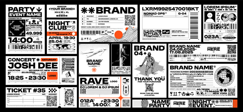 Brutalism label design pack. Futuristic assets for streetwear, event tickets, club flyers, and apparel branding. Retro and cyber aesthetics graphic elements. Vector set
