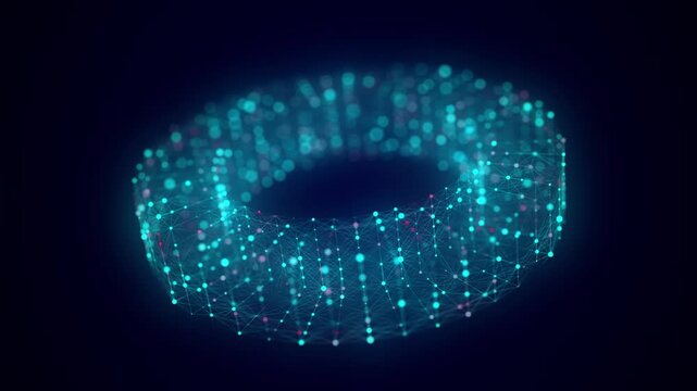 Technology blue torus with connecting dots and lines. Digital abstract network structure. 3D rendering.