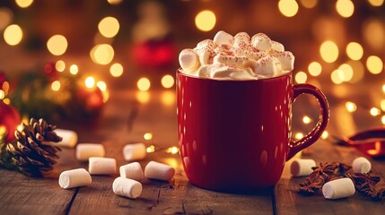 A cozy hot chocolate in a festive red mug, topped with fluffy marshmallows and whipped cream, set on a wooden table with soft fairy lights in the background 