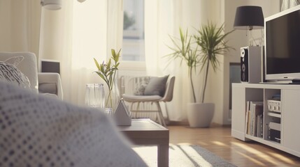 A smart home energy management system, modern living room with automated system adjusting temperature and lighting, Home-tech style