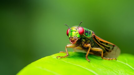 Naklejka premium Vibrant close-up of a colorful cicada perched on a green leaf in a lush natural environment