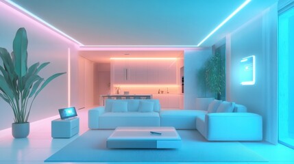 A smart home energy management system, modern living room with automated system adjusting temperature and lighting, Home-tech style