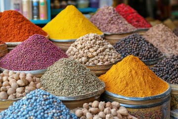 Assorted colorful spices in traditional market display