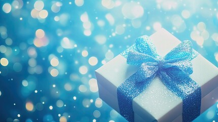Fototapeta premium Gift Box with Blue Glitter Bow and Sparkling Bokeh Lights for Holiday, Christmas, or Celebration Theme on Soft Blue Background