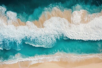 Fototapeta premium an aerial view of a beach with turquoise water and white waves crashing onto the sandy shore