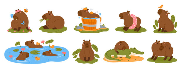 Obraz premium Cute capybaras. Cartoon capybara characters. Funny rodent in various poses and expressions. Animal swimming, playing, eating, relaxing. Kids happy mammal vector set