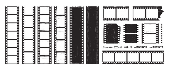 Film strip. Grunge movie strips. Retro video effect footage. Vintage old cinema reels. Classic photography strip frames with distressed texture, scratches. Vector set