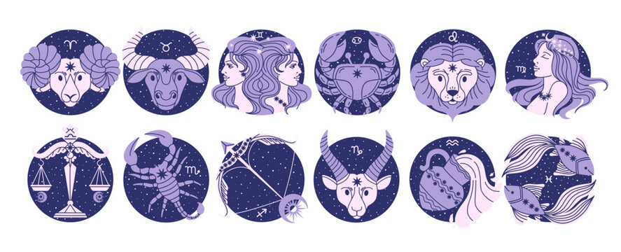 Zodiac signs. Horoscope symbols. Twelve astrological constellations. Spirituality, personal identity. Aries Taurus Gemini Cancer Leo Virgo Scorpio Pisces. Vector set
