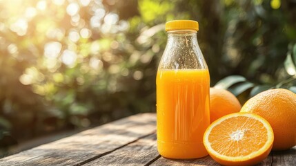 Obraz premium A transparent juice bottle filled with vibrant orange juice, placed on a wooden table