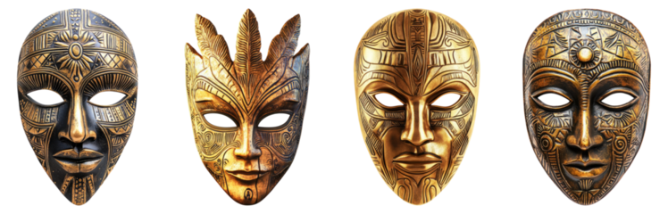 Unique Tribal Masks Showcase Ancient Artistic Heritage, Isolated on Transparent Background