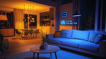 A smart home lighting system, modern living room with automated lighting and ambiance control, Home-tech style