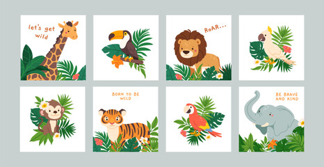 Naklejka premium Jungle animals posters. Cute Africa animals card. Funny baby wild lion, elephant, monkey, toucan, bird with leaves, flowers. Banner for kids room, kindergarten. Vector set