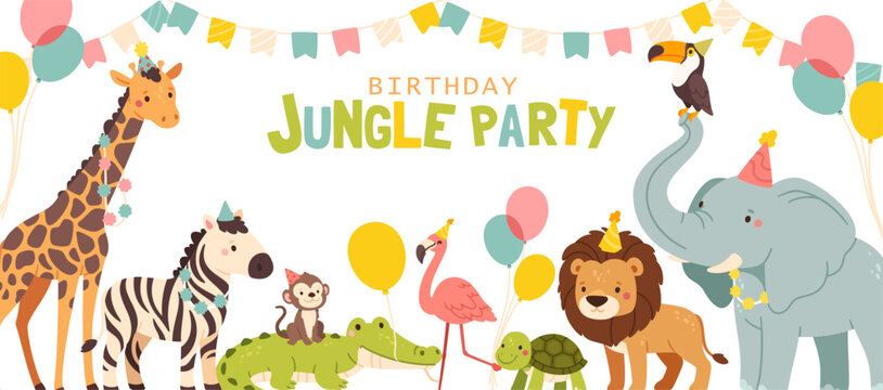 Birthday party jungle animal. Kids happy birthday banner. Children holiday background for celebration. Childish zebra, giraffe, lion, flamingo, monkey. Vector invitation