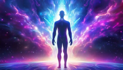 Obraz premium A human figure standing in space, surrounded by a shimmering aurora of cosmic energy, blending with the stars and nebulae, as radiant waves of light flow around them in a mesmerizing dance
