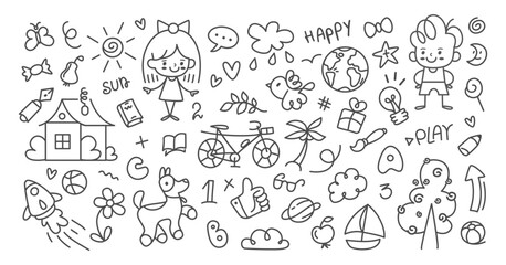 Doodle kids drawings. Hand drawn cute child pencils pictures about kid life, home, pets, dreams. Sketch black and white pastel painting illustration. Childish vector collection