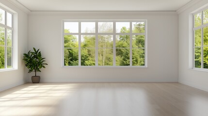 Fototapeta premium an empty room with large windows overlooking a lush, green landscape. A potted plant sits in the corner