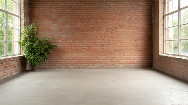 a brick wall and concrete floor interior of a loft style room, with a small plant and two large windows