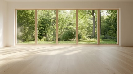Fototapeta premium a large window in a bright room offering a view of a lush green forest and a sunny day