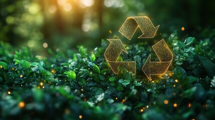 A vibrant green foliage background displays a glowing recycling symbol, promoting eco conscious practices and environmental sustainability for a greener future.