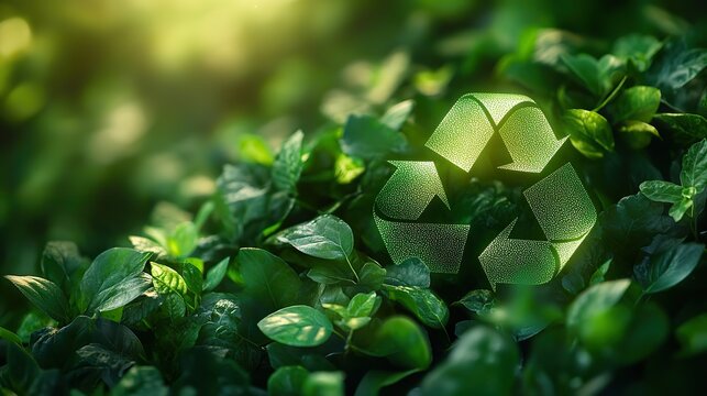 A vibrant green foliage background displays a glowing recycling symbol, promoting eco conscious practices and environmental sustainability for a greener future.