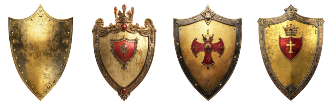 Vintage Shield Collection with Heraldic Designs and Decorations, Isolated on Transparent Background