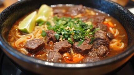 Delicious Beef Noodle Soup Garnished with Fresh Herbs and Lime Slices in a Deep Black Bowl