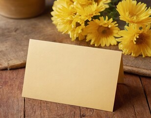 Blank yellow card next to a bouquet of vibrant yellow daisies on a rustic wooden surface.