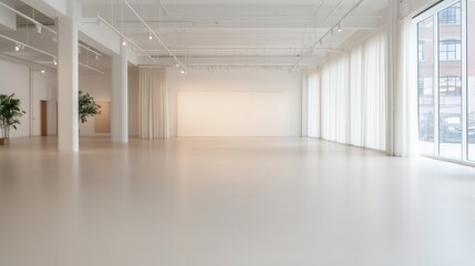 Fototapeta premium a spacious art gallery with a bright and modern interior design, featuring large windows and minimalist decor