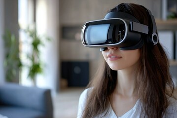 Woman experiencing virtual reality with headset and controller.
