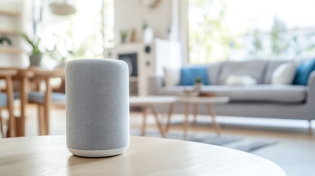 A smart home speaker, living room with speaker playing music and responding to voice commands, Home-tech style